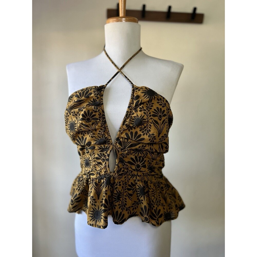Free People Brown Black Floral Halter Tie Back Smocked Ruffle Crop Top M